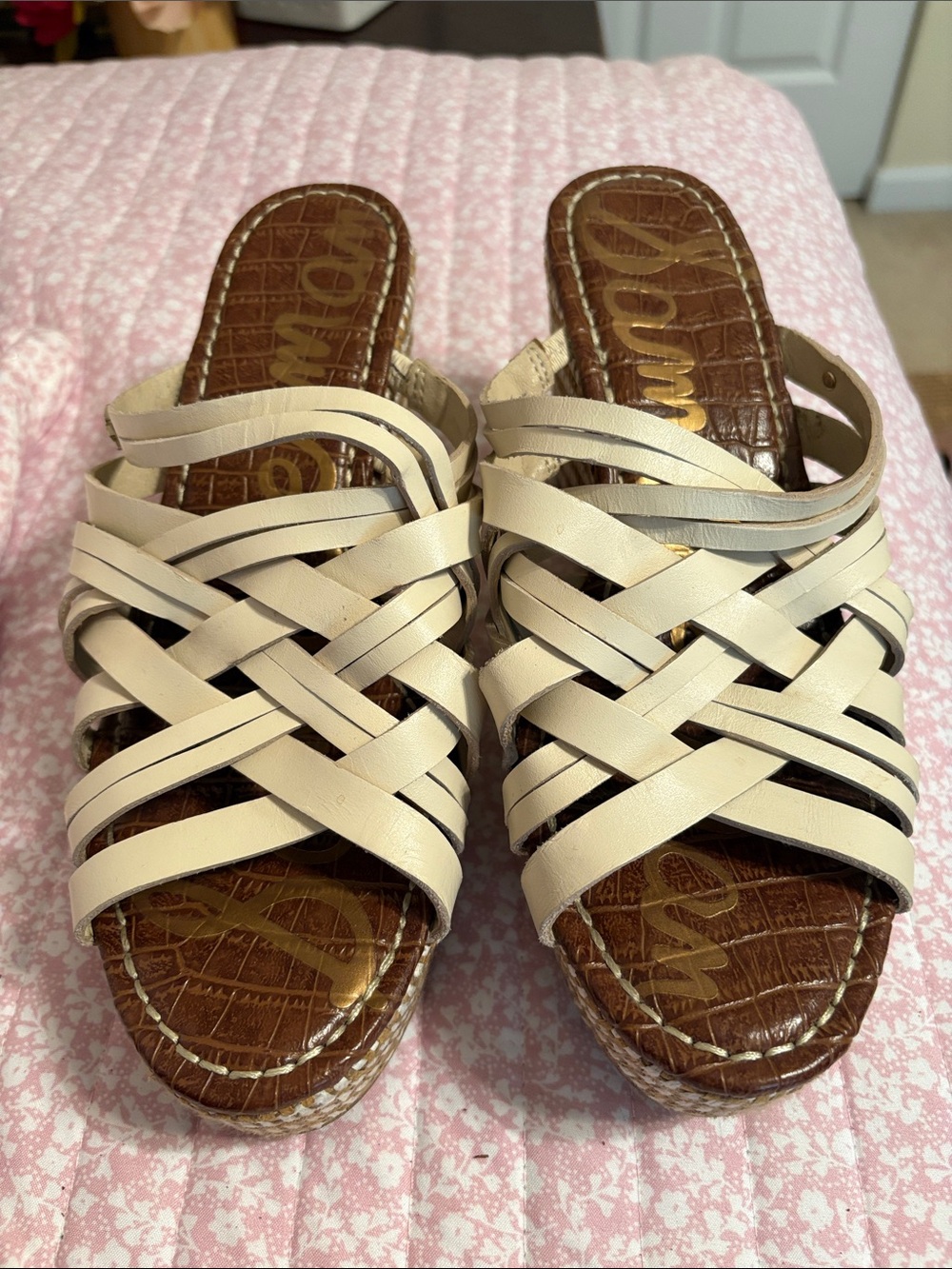 Sam Edelman Cream Woven Slide Wedges